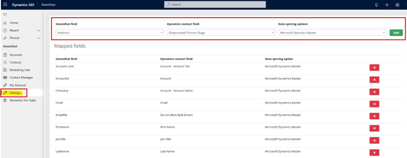 Image of the field mappings in Microsoft Dynamics