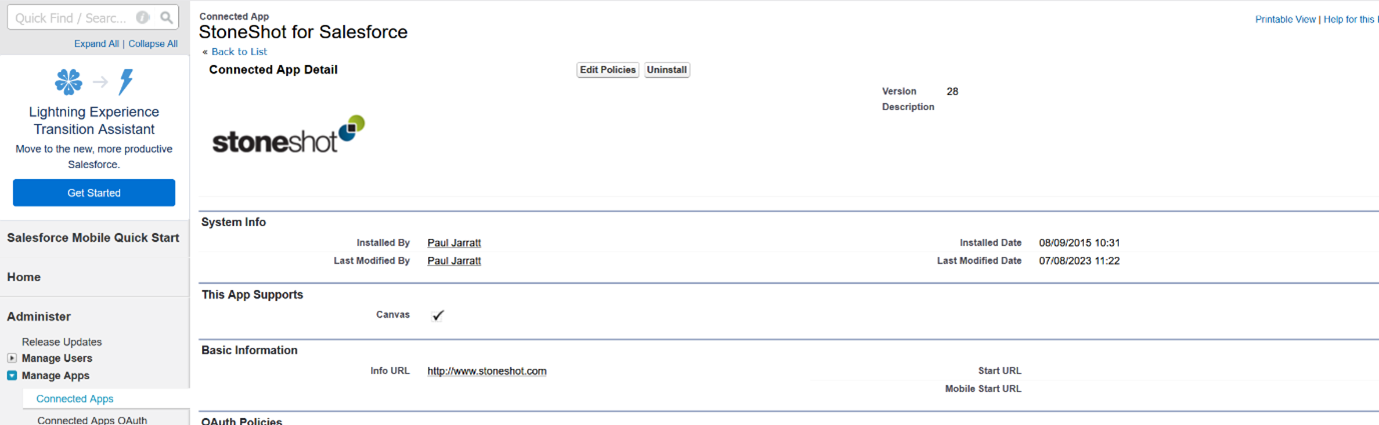 StoneShot Connect App in Salesforce